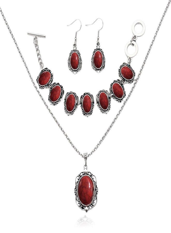 Lookray Western Turquoise Jewelry Sets for Women Boho Red Black Zirconia Western Necklace Earring Bracelet Set Country Concert Outfits Jewelry Set Bohemian Cowgirl Accessorie A2 - Image 1